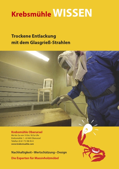 Titelseite der Publikation Krebsmühle Wissen "Trockene Entlackung mit dem Glasgrieß-Strahlen"