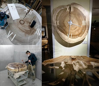 Fotoimpresionen der großen Wanduhr aus einer Baumscheibe des Suar-Baumes